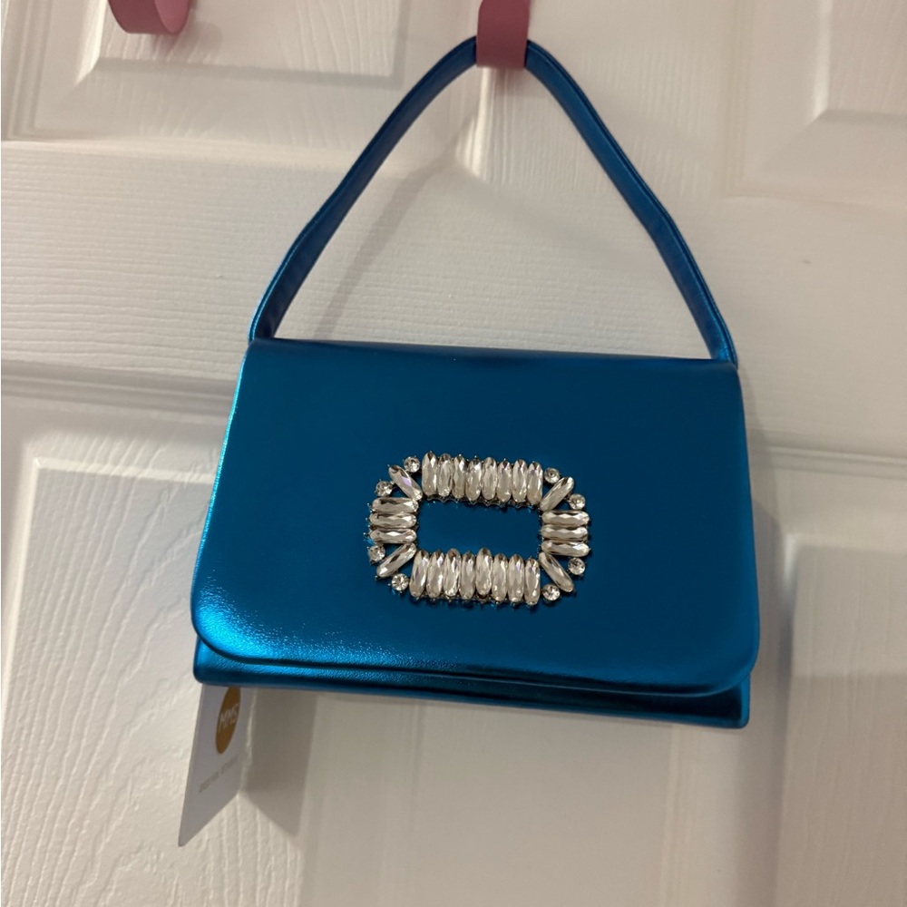 Elegant Blue Handbag with Embellished Buckle